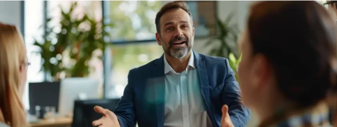 A businessman is explaining what is a sales proposal to newly-hired employees.